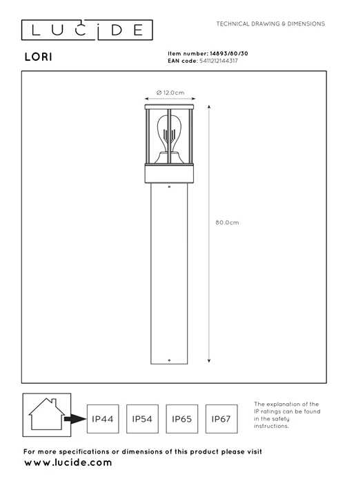 Lucide LORI - Bollard light - 1xE27 - IP44 - Day/Night Sensor - Anthracite - technical